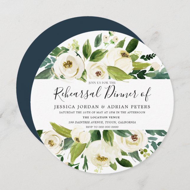 Dîner de répétition Floral Blanc vert Invitation (Devant / Derrière)