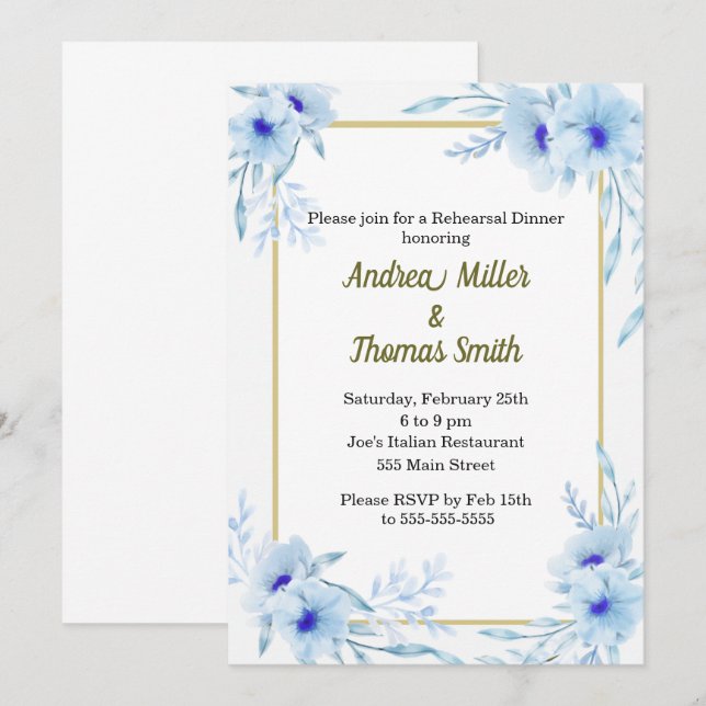 Dîner de répétition Invitation Floral Blue Gold (Devant / Derrière)