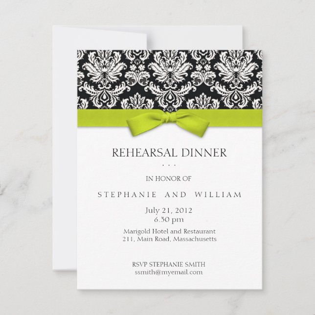 Dîner de répétition Lime Bow Damask Invitation (Devant)
