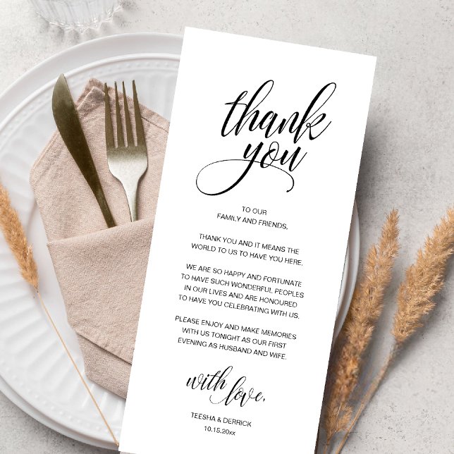 Dîner de répétition mariage Carte de remerciements (Modern Romantic Wedding Reception Dinner Thank You Card in Black and White)