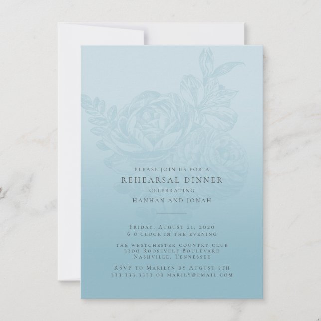 Dîner de répétition Mariage Floral bleu Invitation (Devant)