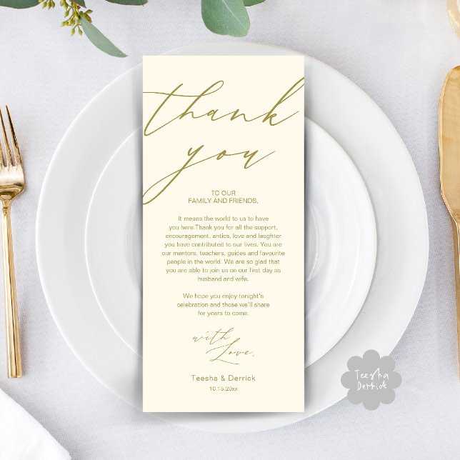 Dîner de répétition Mariage moderne Carte de remer (Modern Wedding Rehearsal Dinner Thank You Card in Yellow Gold)