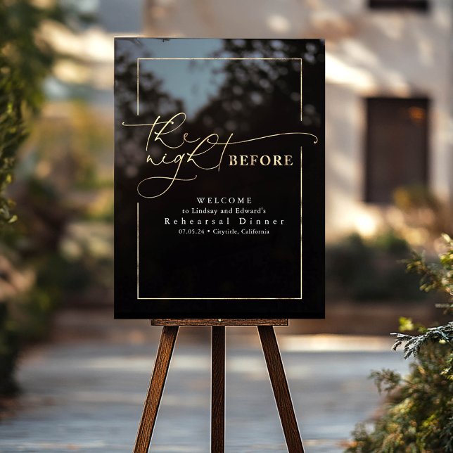 Dîner de répétition moderne Accueil noir et or (Rehearsal Dinner Welcome Sign in Gold and Black)