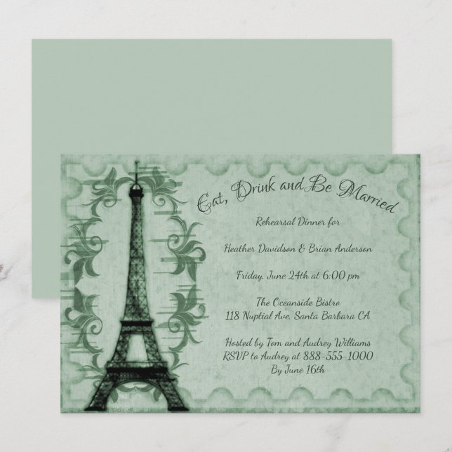 Dîner de répétition Tour Eiffel Vert Invitation (Devant / Derrière)
