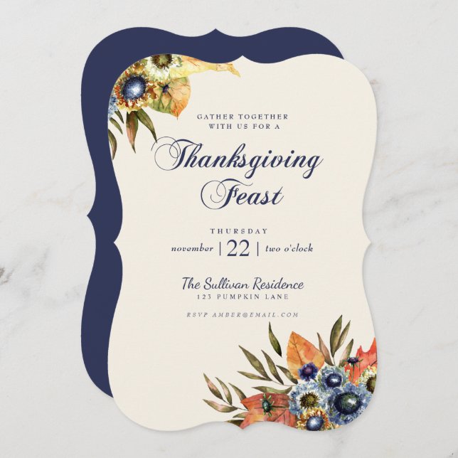 Dîner de Thanksgiving Invitation Fête Floral Navy (Devant / Derrière)