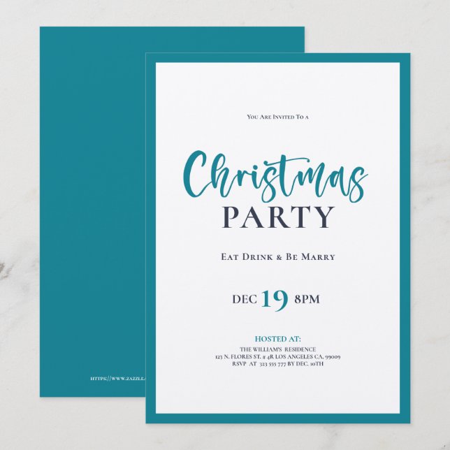 Dîner de typographie de Noël turquoise invitation (Devant / Derrière)