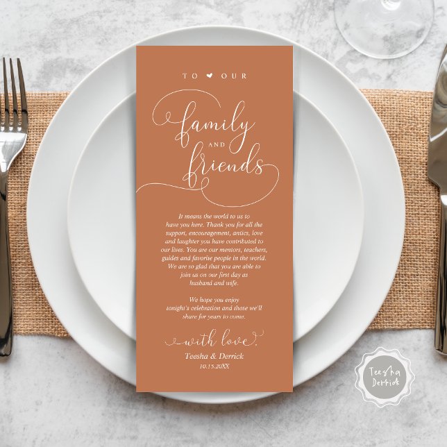 Dîner Élégant Moderne Cadre Carte de remerciements (Modern Elegant Wedding Dinner Place Setting Thank You Card, Plate Decor, in Copper Rust Brown)