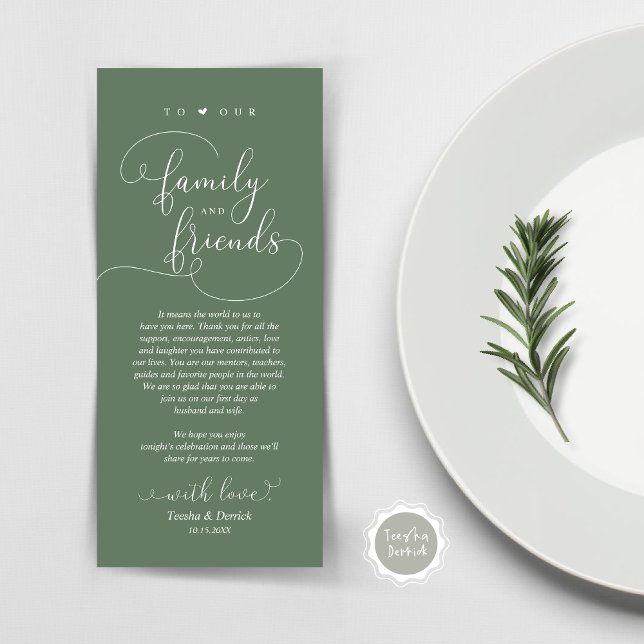Dîner Élégant Moderne Cadre Carte de remerciements (Modern Elegant Wedding Dinner Place Setting Thank You Card, Plate Decor, in Forest Sage Green)