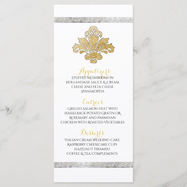 Dîner Faux Gold/Silver Mariage damassé Menu Noir (Devant)