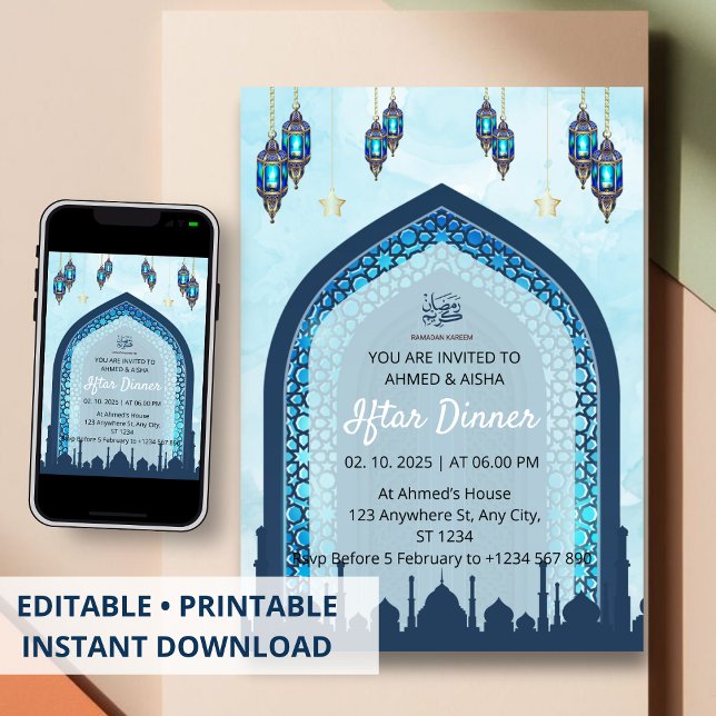 Dîner Iftar invitation ramadan aquarelle mosquée (Créateur téléchargé)