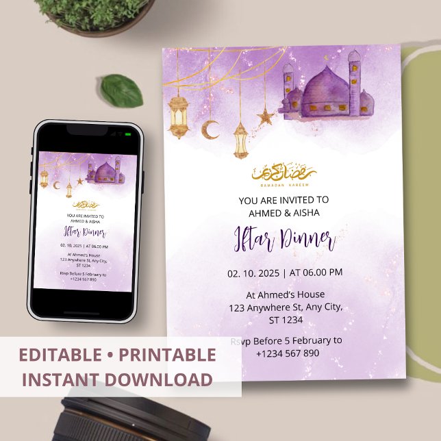 Dîner Iftar invitation ramadan aquarelle mosquée (Créateur téléchargé)