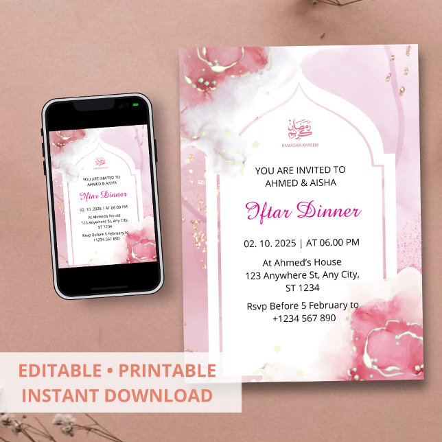 Dîner Iftar invitation ramadan aquarelle rose (Créateur téléchargé)