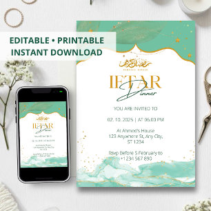 Dîner Iftar invitation ramadan aquarelle vert