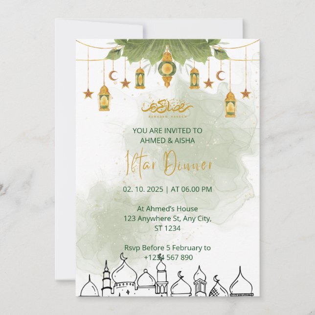 Dîner Iftar invitation ramadan aquarelle vert (Devant)