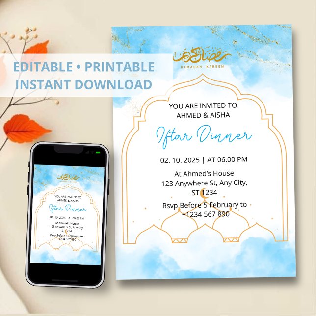 Dîner Iftar invitation ramadan bleu aquarelle (Créateur téléchargé)