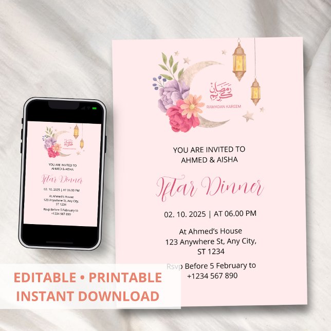 Dîner Iftar invitation ramadan rose avec la lune (Créateur téléchargé)