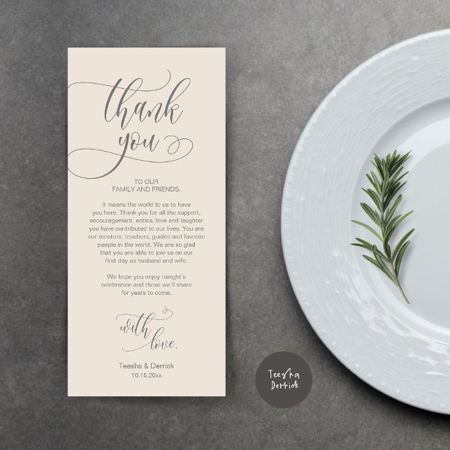 Dîner Lieu Cadre Merci, Carte Script moderne (Wedding Dinner Place Setting Thank You Card, Plate Decoration, Modern Script, in Dark Grey Cream)