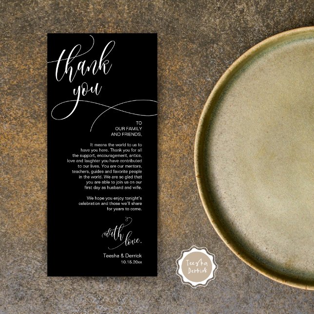 Dîner Lieu Cadre Merci, Carte Script moderne (Wedding Dinner Place Setting Thank You Card, Plate Decor, Modern Calligraphy, in Elegant Black)