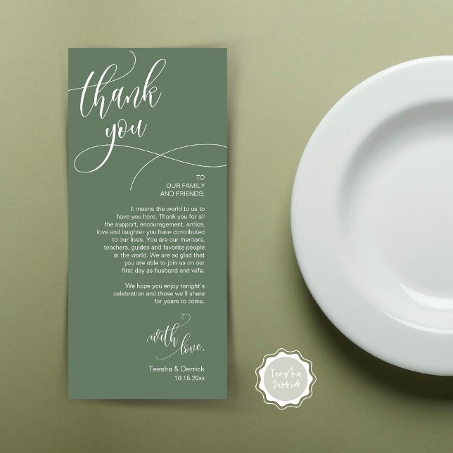 Dîner Lieu Cadre Merci, Carte Script moderne (Wedding Dinner Place Setting Thank You Card, Plate Decor, Modern Calligraphy, in Forest Sage Green)