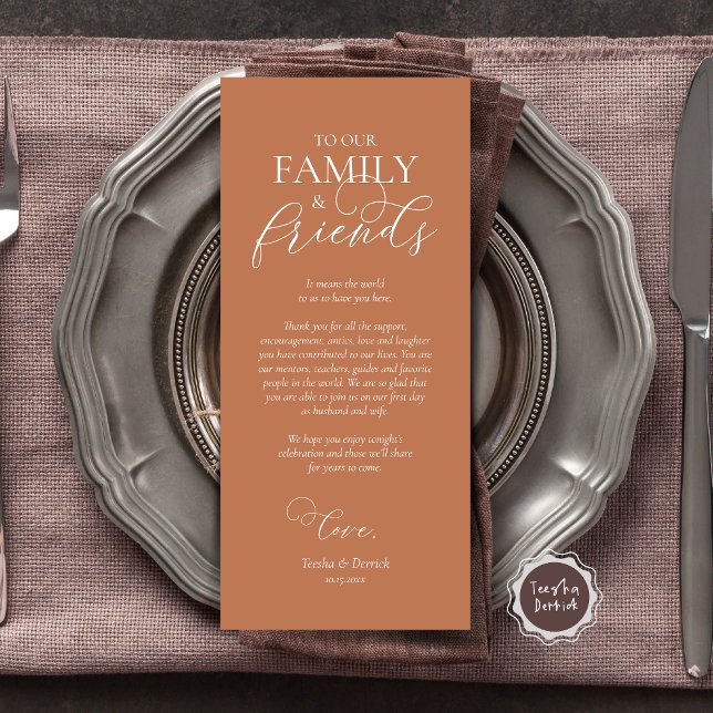 Diner Lieu Partir Merci Carte de calligraphie (Wedding Dinner Place Setting Thank You Card, Modern Romantic Script, Plate Decor, Copper Rust Brown)