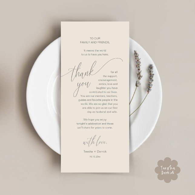 Dîner mariage Cadre Carte de remerciements moderne (Modern Wedding Dinner Brunch Place Setting Thank You Card romantic in aesthetic Cream Grey)