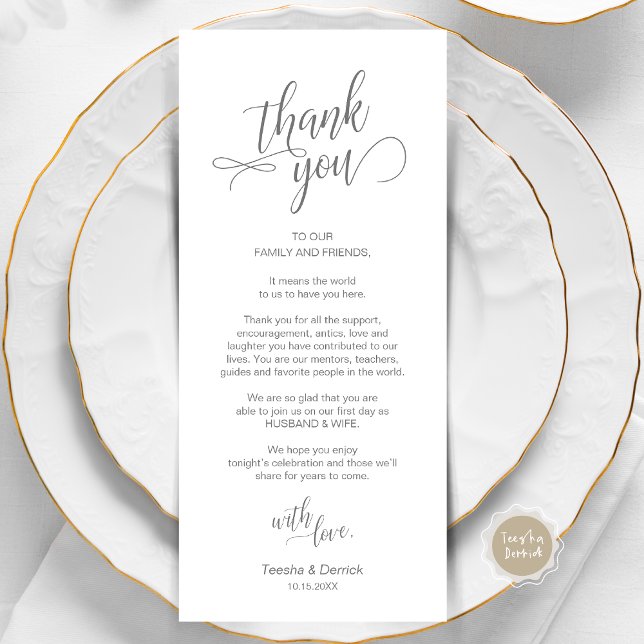 Dîner mariage, Cadre Remerciements Cartes (Wedding Dinner, Place Setting Thank You Card, in Modern Classy Script, Dark Grey.)