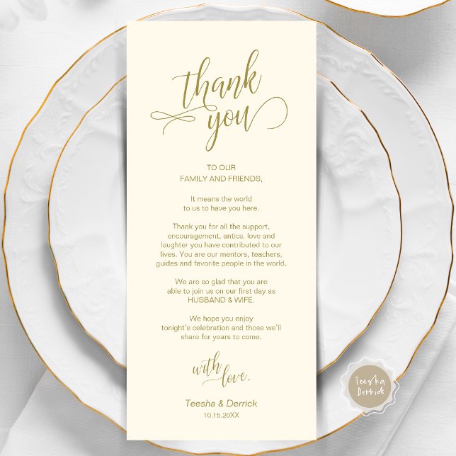 Dîner mariage, Cadre Remerciements Cartes (Wedding Dinner, Place Setting Thank You Card, in Modern Classy Script, Gold Scheme.)