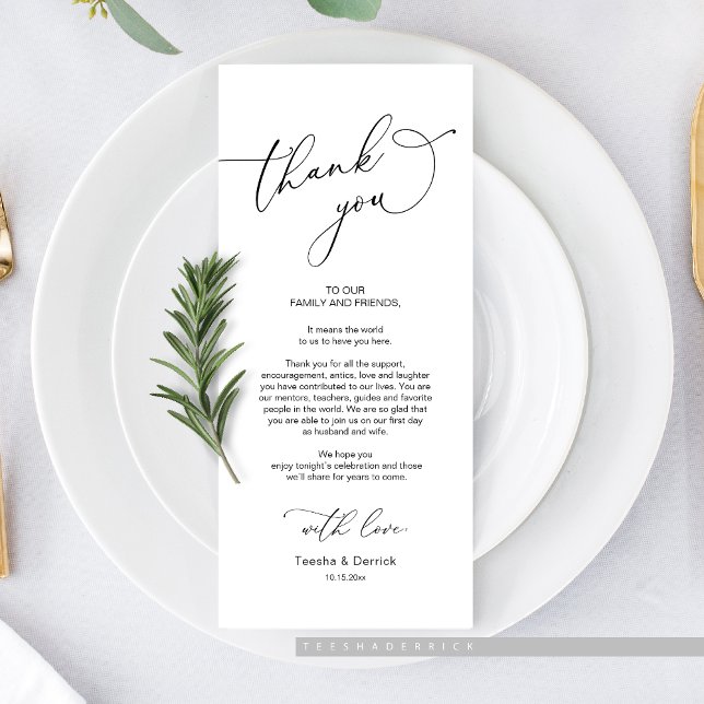 Dîner mariage, Carte de remerciements Cadre (Wedding Dinner or Elopement Brunch Place Setting Thank You Card, In Modern Classy Romantic themed)