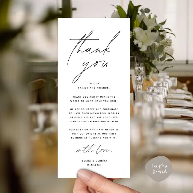 Dîner mariage Carte de remerciements du lieu (Modern Romantic Wedding Place Setting Thank You Card for Dinner Brunch Lunch Party  in White Black)