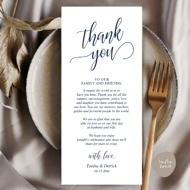 Dîner Mariage Classique Cadre Carte de remerciemen (Modern Classy Wedding Dinner Thank You Card Reception brunch lunch in Navy Blue)