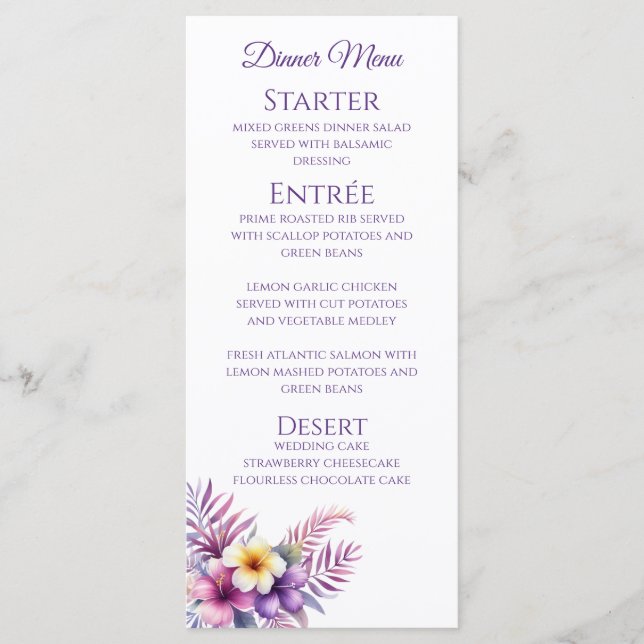 Dîner mariage et bar Menu de l'île Romance (Devant)