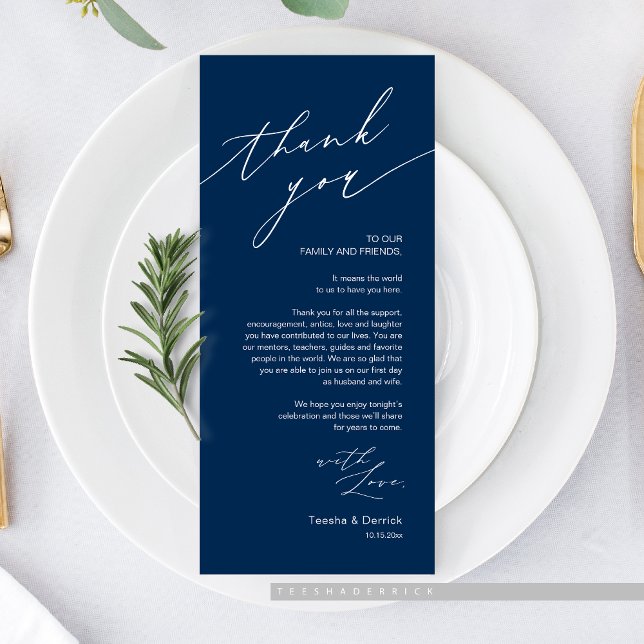 Dîner mariage Lieu Cadre Carte de remerciements (Romantic Wedding Dinner Place Setting Thank You Card, in Navy Blue)