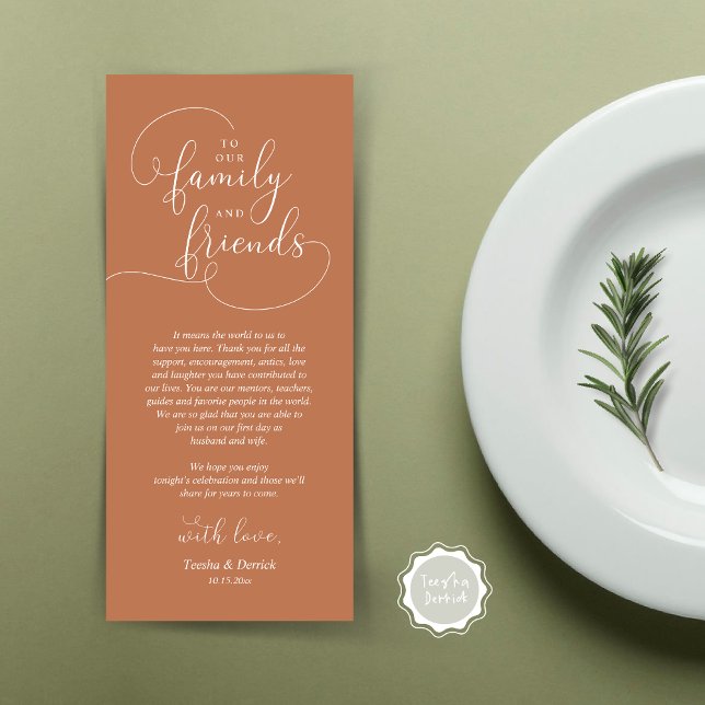 Dîner mariage Lieu Cadre Carte de remerciements (To Our Family and Friends, Wedding Dinner Place Setting Thank You Card, Modern, Copper Brown Rust)