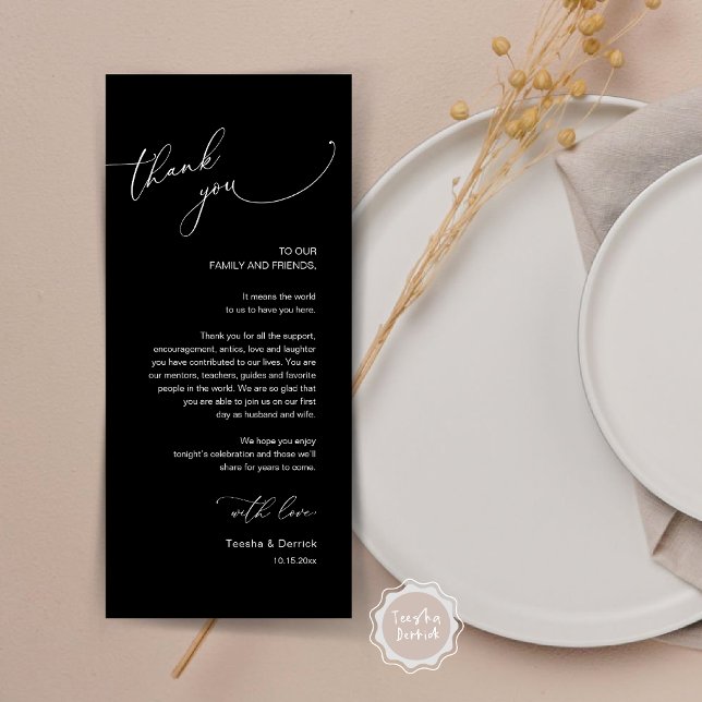 Dîner Mariage moderne Cadre Carte de remerciements (Modern Wedding Dinner Place Setting Thank You Card, Plate decor, in Classy Black)