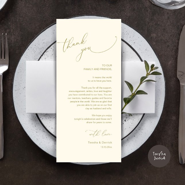 Dîner Mariage moderne Cadre Carte de remerciements (Modern Wedding Dinner Place Setting Thank You Card, Plate decor, in retro gold)