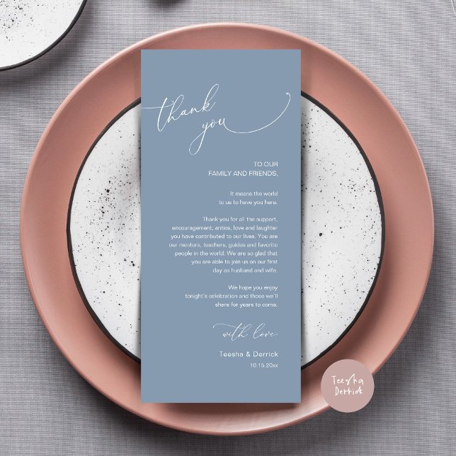 Dîner Mariage moderne Cadre Carte de remerciements (Modern Wedding Dinner Place Setting Thank You Card, Plate decor, in Dusty Blue)