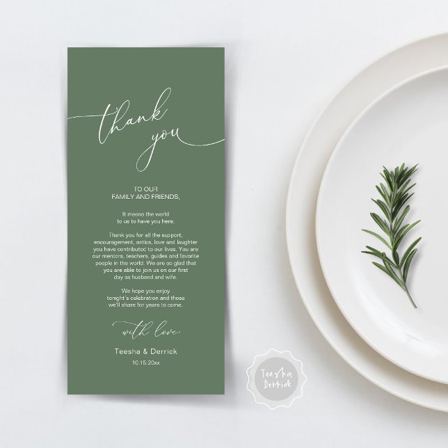 Dîner Mariage moderne Cadre Carte de remerciements (Modern Wedding Dinner Place Setting Thank You Card, Plate decor, in Forest Sage Green)