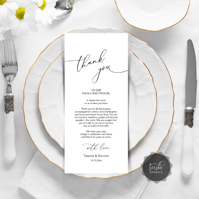 Dîner Mariage moderne Cadre Carte de remerciements (Modern Wedding Dinner Place Setting Thank You Card, Plate decor, in Black and White)