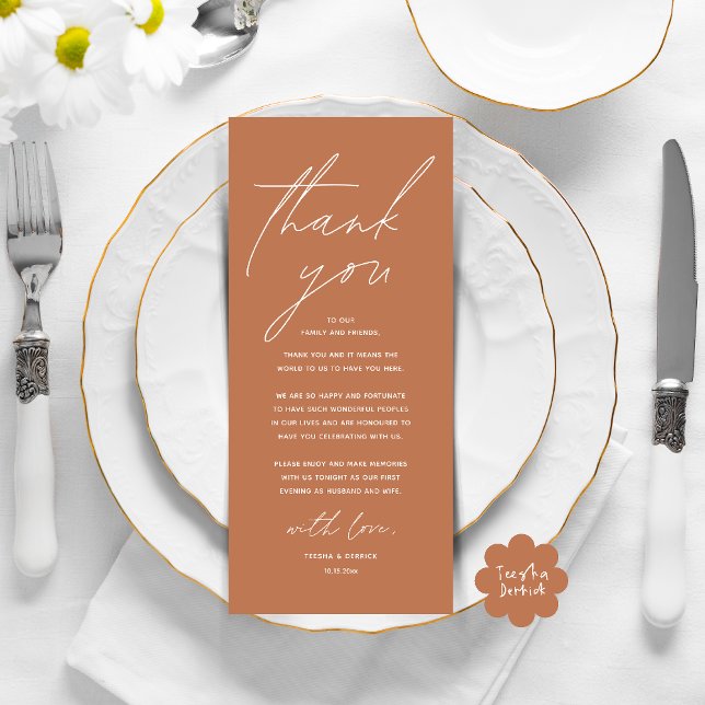 Dîner Mariage moderne Cadre Carte de remerciements (Modern Wedding Dinner Lunch Brunch Celebration Place Setting Thank You Card in Copper Brown)