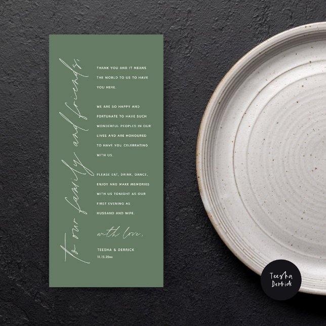 Dîner Mariage moderne Cadre Carte de remerciements (Wedding Dinner Place Setting Thank You Card, Modern Minimalist Script, in Forest Sage Green)