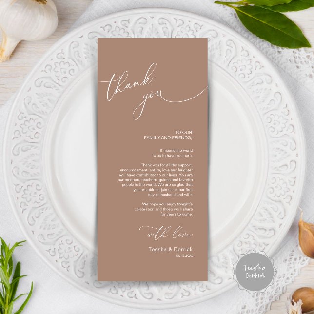 Dîner Mariage moderne Cadre Carte de remerciements (Modern Wedding Dinner Place Setting Thank You Card, in taupe)