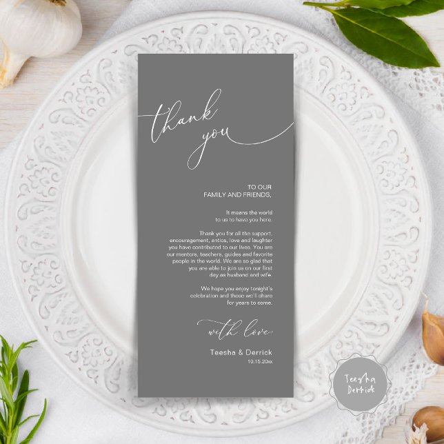 Dîner Mariage moderne Cadre Carte de remerciements (Modern Wedding Dinner Place Setting Thank You Card, in dark grey)