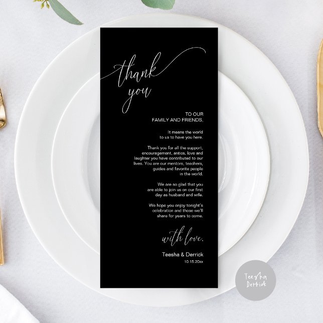 Dîner Mariage moderne Cadre Carte de remerciements (Modern Elegant Wedding Dinner Place Setting Thank You Card, in Classy Black)