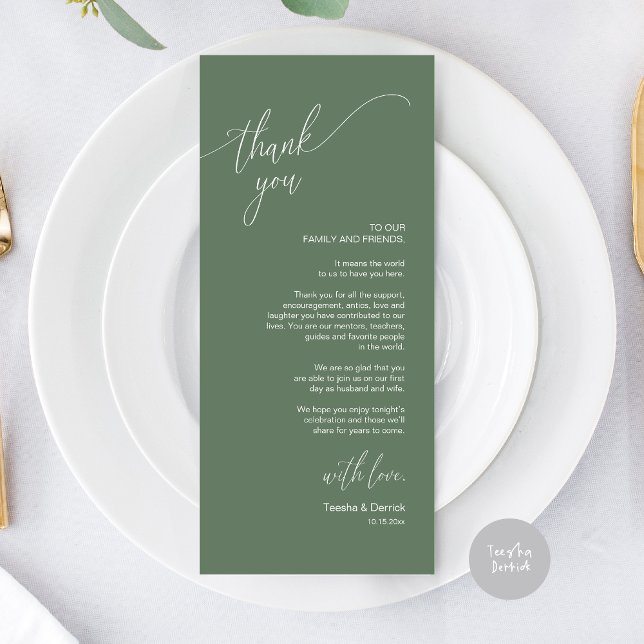 Dîner Mariage moderne Cadre Carte de remerciements (Modern Elegant Wedding Dinner Place Setting Thank You Card, in Forest Sage Green)