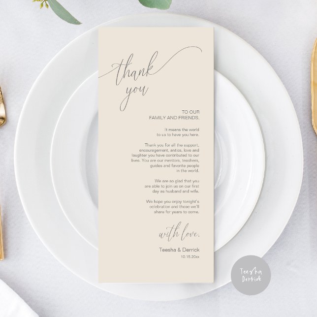 Dîner Mariage moderne Cadre Carte de remerciements (Modern Elegant Wedding Dinner Place Setting Thank You Card, in Dark Grey and Cream)