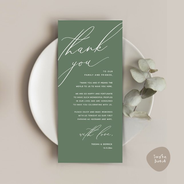 Dîner Mariage moderne Cadre Carte de remerciements (Modern Wedding Dinner Place Setting Thank You Card, Minimalist Forest Sage Green)