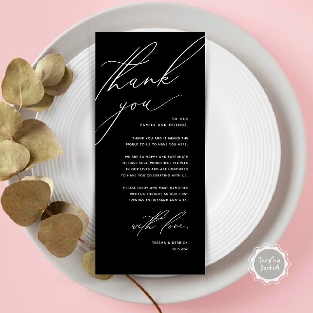 Dîner Mariage moderne Cadre Carte de remerciements (Modern Wedding Dinner Place Setting Thank You Card, Minimalist Classy Black)