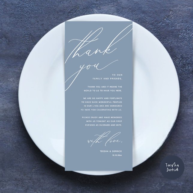 Dîner Mariage moderne Cadre Carte de remerciements (Modern Wedding Dinner Place Setting Thank You Card, Minimalist Dusty Blue)