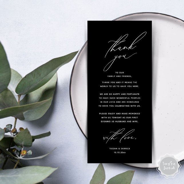 Dîner Mariage moderne Cadre Carte de remerciements (Modern Wedding Dinner Place Setting Thank You Card, Minimalist Classy Black)