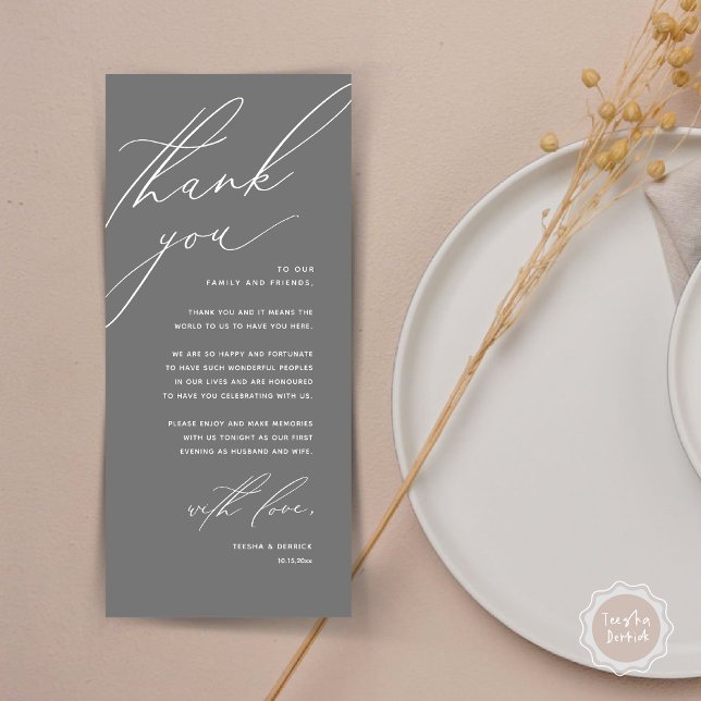 Dîner Mariage moderne Cadre Carte de remerciements (Modern Wedding Dinner Place Setting Thank You Card, Minimalist Dark Grey)